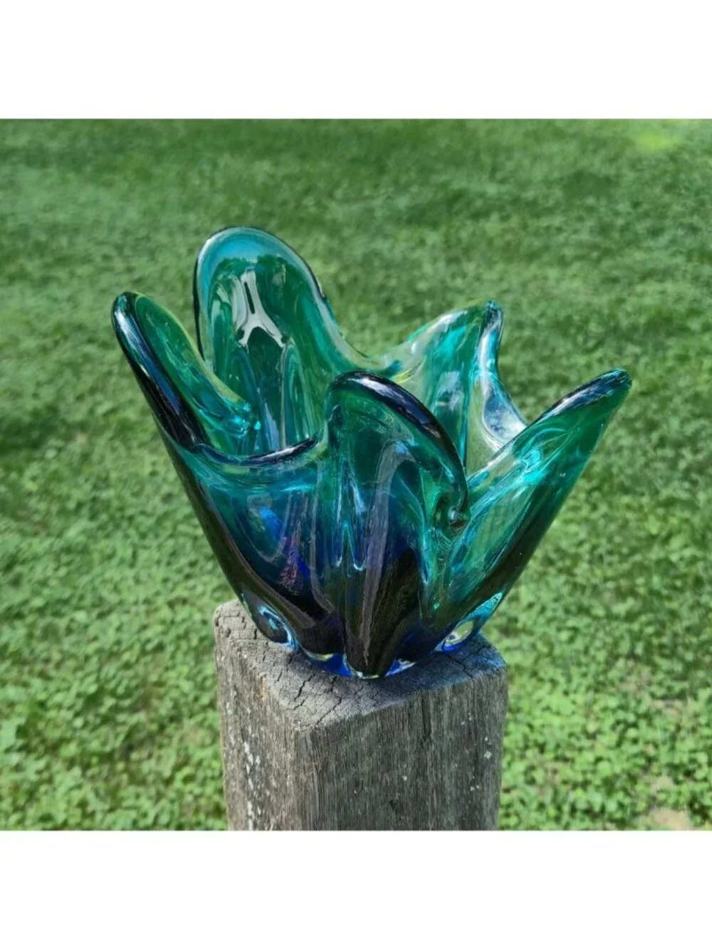 Turquoise Aquamarine Handkerchief Glass Vase MCM Mod Rippled VTG Sculptural Art